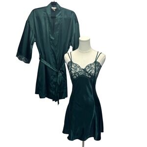Victoria's Secret Lingerie Slip Dress Robe Peignoir Set Emerald Green Satin Sz S